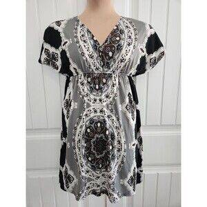 India Boutique Sz L Medallion V-neck Dress Elastic Waist Boho